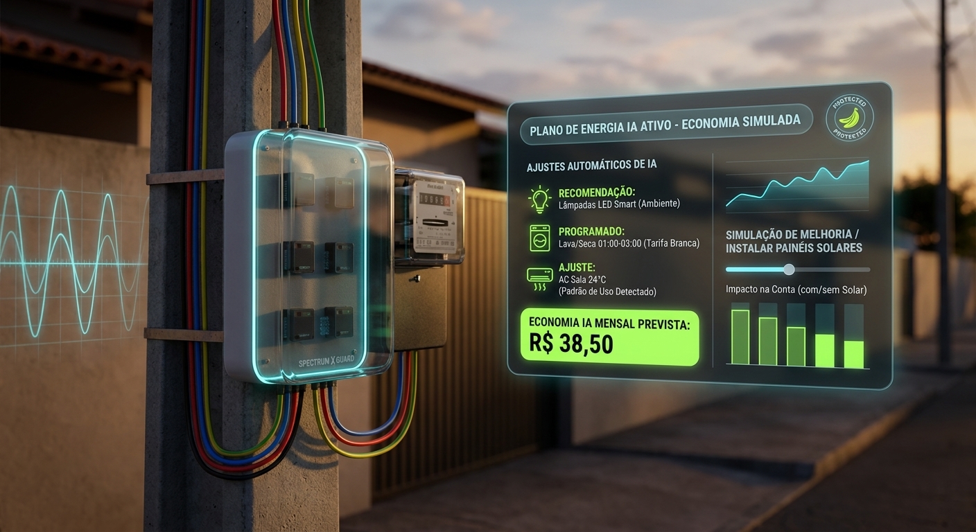 Spectrum X Guard instalado no padrão de entrada com o Plano de Energia IA Ativo — economia mensal prevista de R$ 38,50